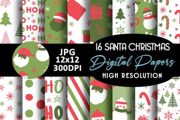 Green Santa Christmas Digital Papers