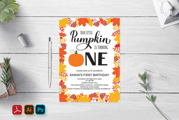Pumpkin first birthday invitation card with an autumn party theme
