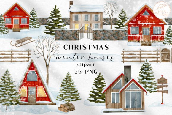 Winter Houses Watercolor Clipart Set Graphic Illustrations By Olya Haifisch