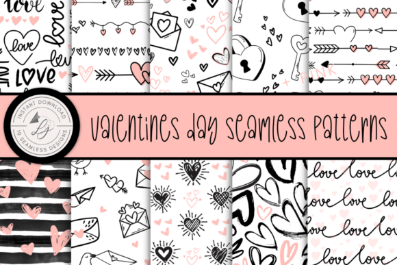 Black and Pink Valentines Day Patterns Illustration Modèles de Papier Par Leila James Paper Co.