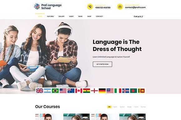 Language School Courses PSD Template Graphic Websites By Somrat Islam