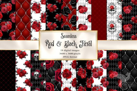 Red and Black Floral Digital Paper