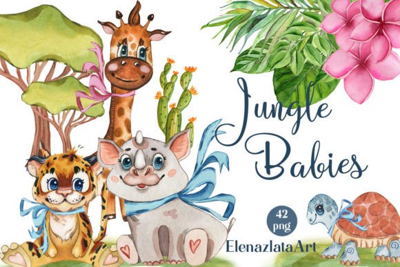 Jungle Babies of Africa. Watercolor Set Graphic Illustrations By ElenaZlataArt