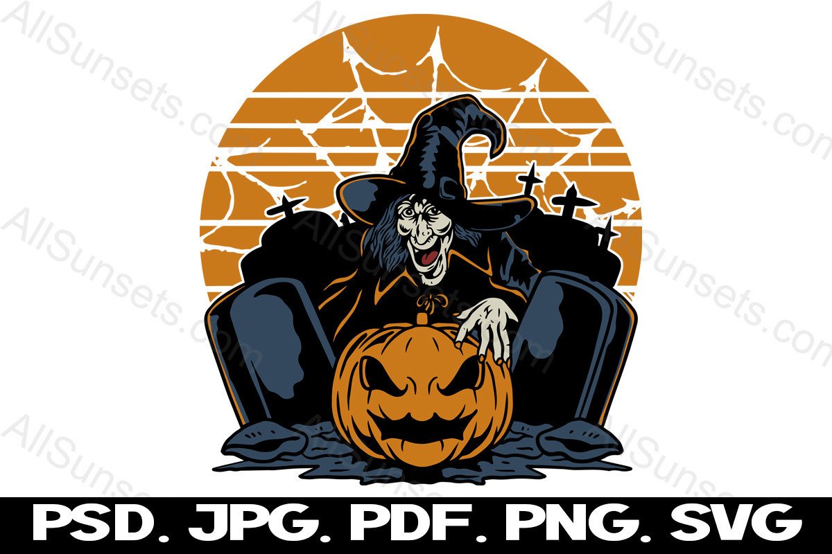 Witch Pumpkin Halloween Sunset Svg Png