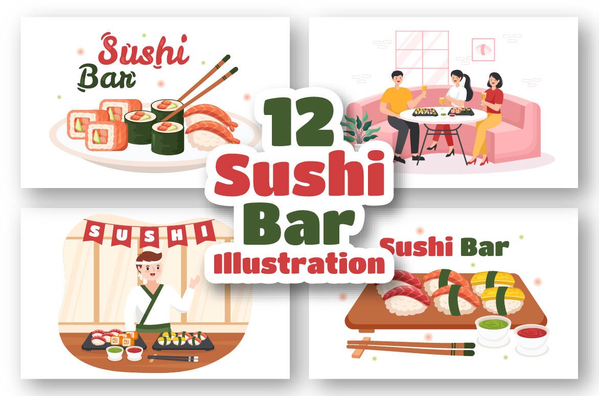 12 Sushi Bar Japan Food Illustration