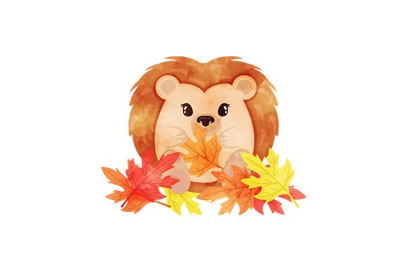 Hedgehog Playing with Autumn Leaves - Watercolor