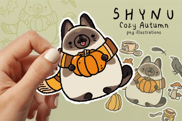 Siamese Cat Cozy Autumn Pumpkin October Graphic Illustrations By SHYNU