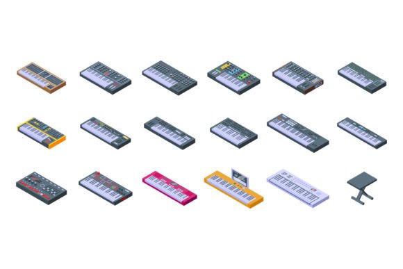 Synthesizer Icons Set Isometric Vector.