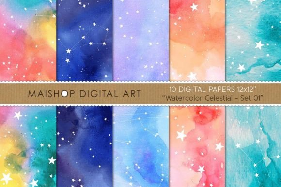 Digital Paper Watercolor Celestial