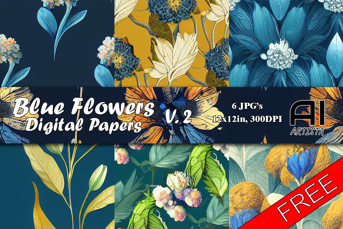 Blue Flowers Digital Papers Graphic by AI Artista · Creative Fabrica