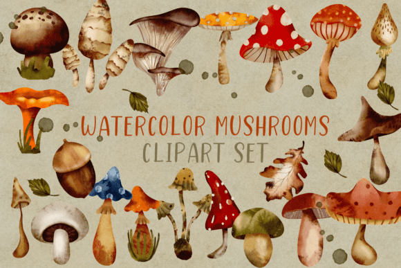 Watercolor Mushrooms Clipart Set