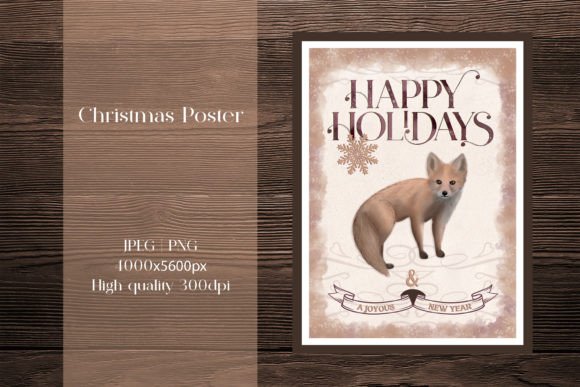 Vintage Christmas Fox Poster Jpeg, Png,