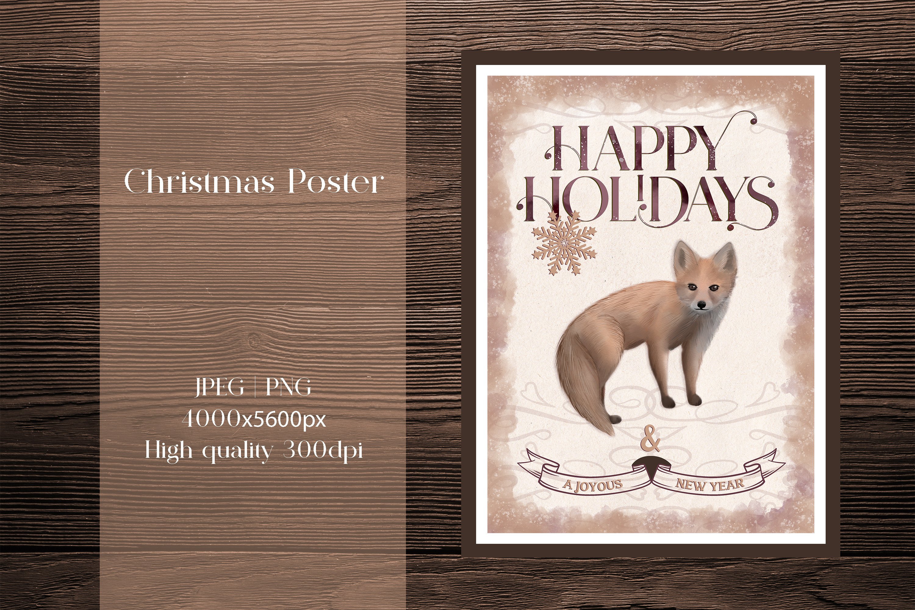 Vintage Christmas Fox Poster Jpeg, Png,