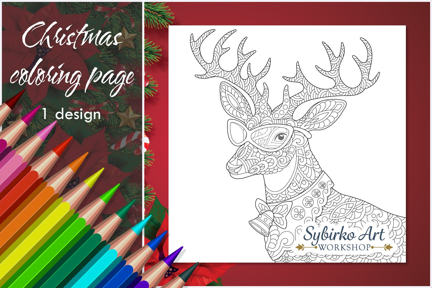 Christmas Reindeer Adult Coloring Page