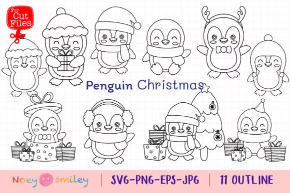 Penguin Christmas Outline Clipart, Xmas Graphic Illustrations By Noey smiley