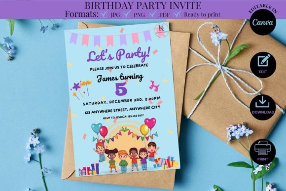 Kids birthday party invite template preview with space for party details