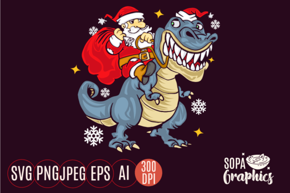 Santa Claus Riding T-rex Christmas Graphic T-shirt Designs By SopaGraphics