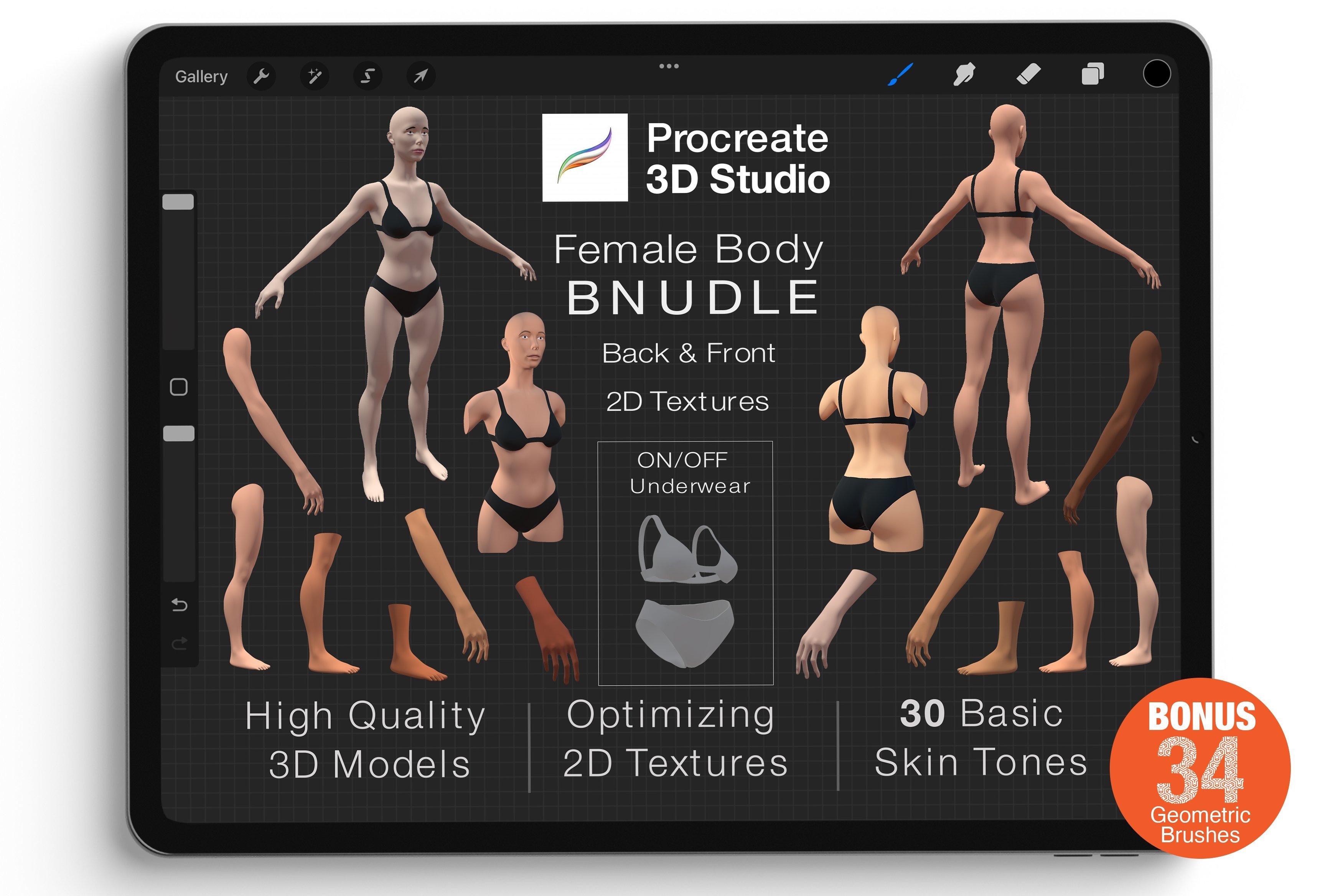 Procreate 3D Model Female Bundle poseable figure drawing reference tattoo texture