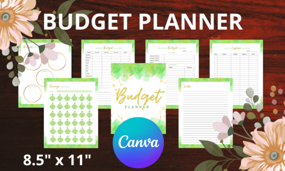 Seven-page Canva budget planner with monthly and annual budgeting