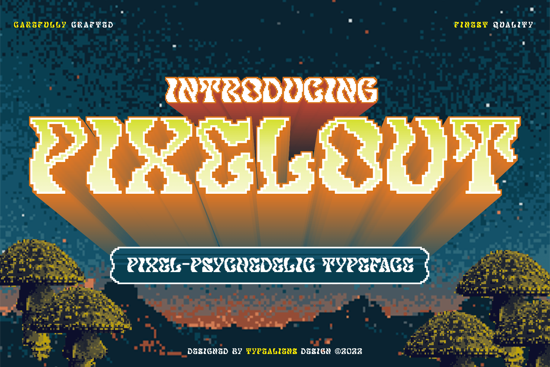Pixelout preview, bold serif with psychedelic pixel distortion