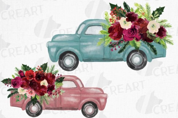 Watercolor Burgundy Red and Pine Trucks