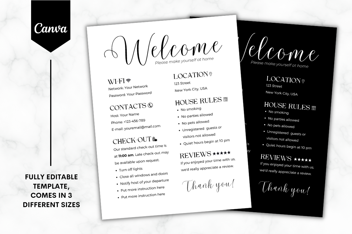 Airbnb Welcome Sign Canva Template - B&W