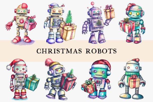 Christmas Robots Watercolor Cliparts Graphic Illustrations By AnaKaoni