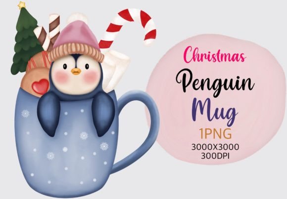 Christmas Penguin Mug Clipart. Graphic Illustrations By KisbyArt