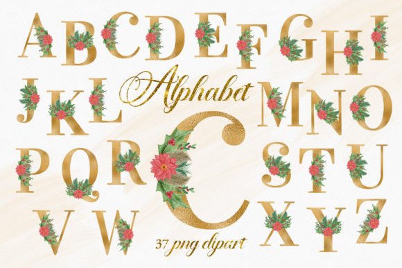 Gold Christmas Floral Alphabet Numbers Graphic Illustrations By PinkPearly