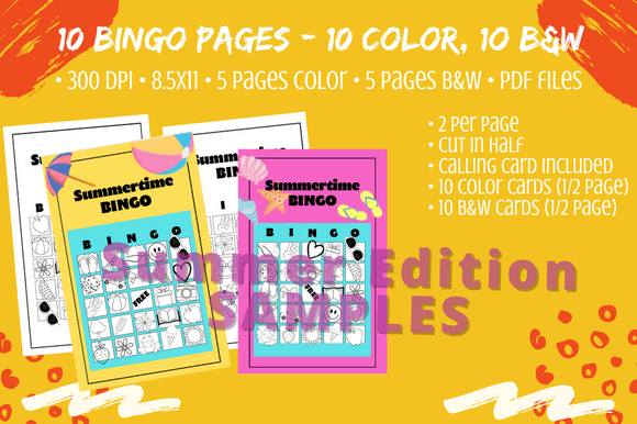 10 Kids Summer Bingo Cards - Color & B&W