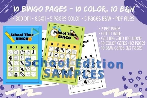10 School Bingo Card Game - Color & B&W