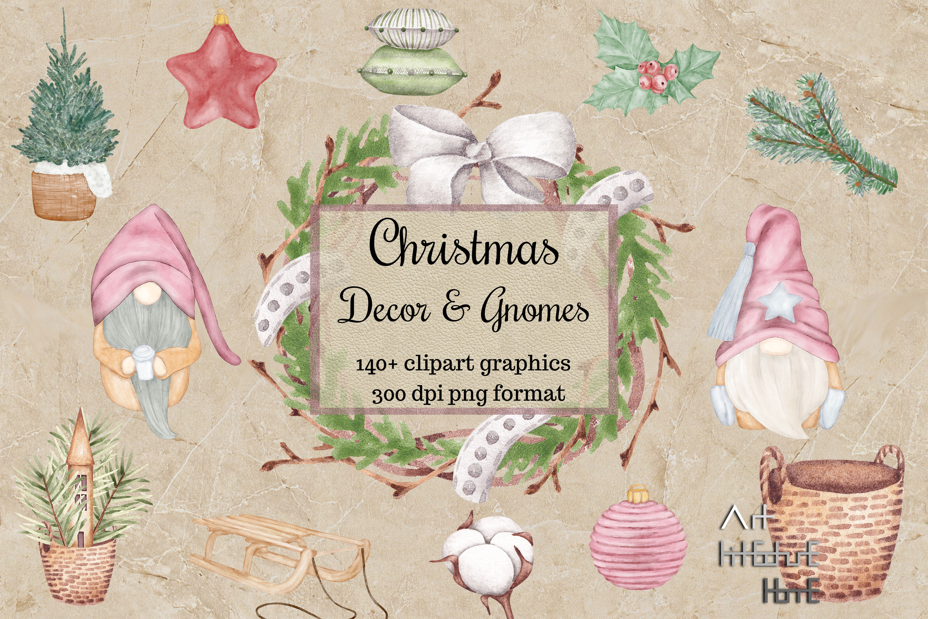 Christmas Watercolor Cliparts, Gnomes - photo 1