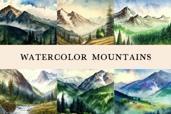 Watercolor Mountain Landscapes Graphic Backgrounds By AnaKaoni