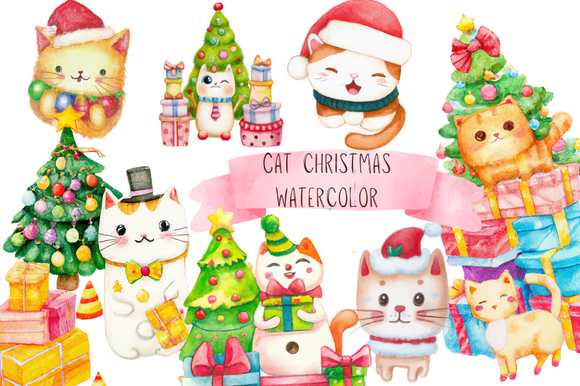 Watercolor Cat Christmas Clipart Santa Graphic by Prints and the Paper ...
