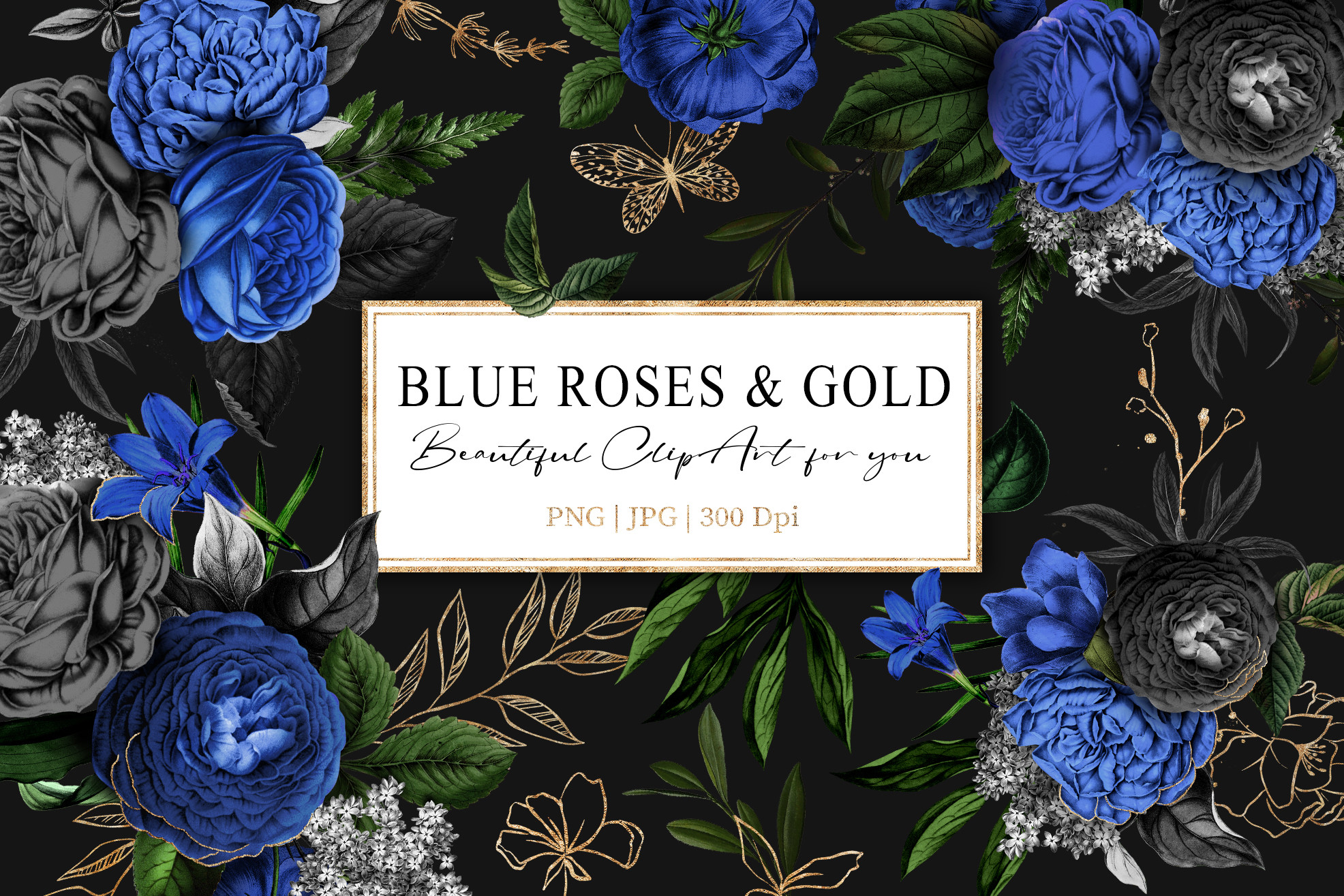 Blue Roses and Gold Botanic Graphic by luizdesigns · Creative Fabrica