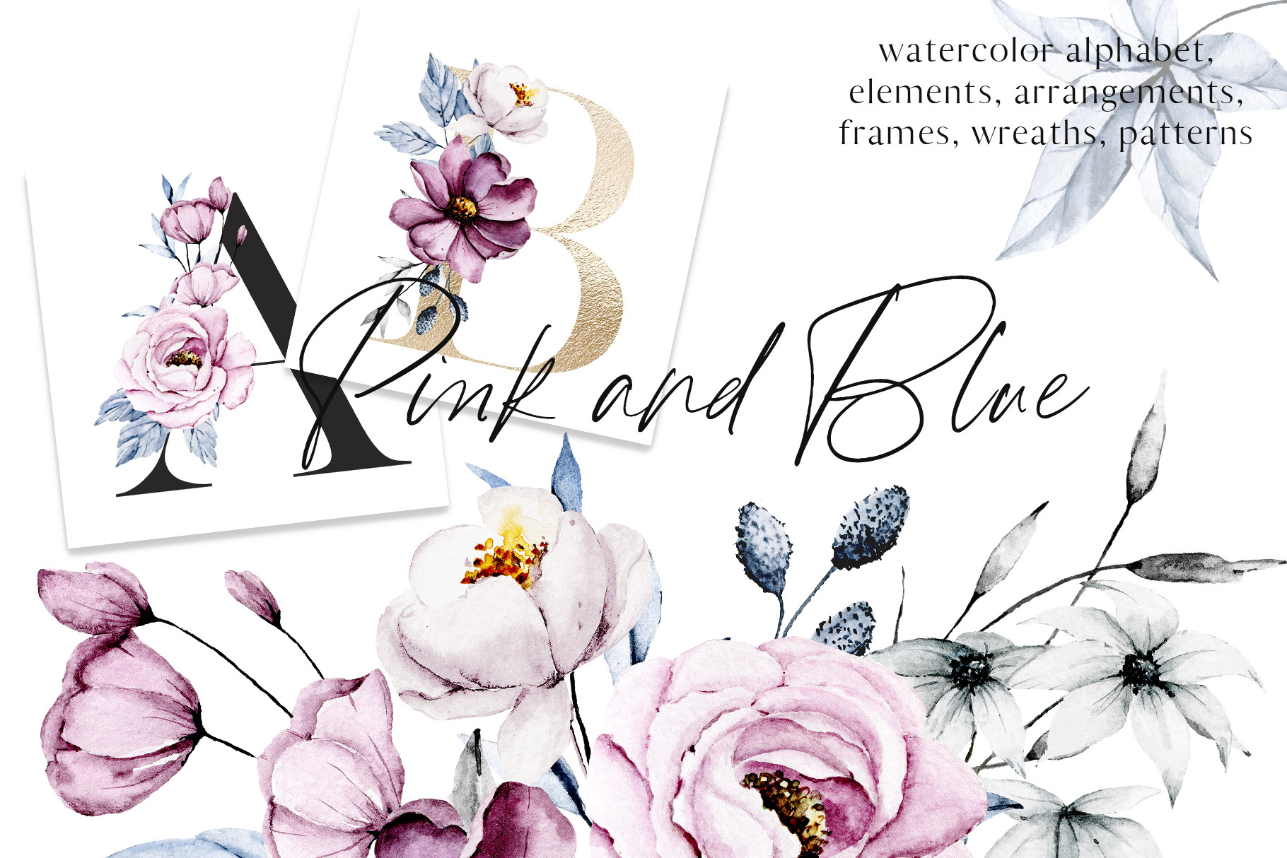 Watercolor pink and blue flowers peonies