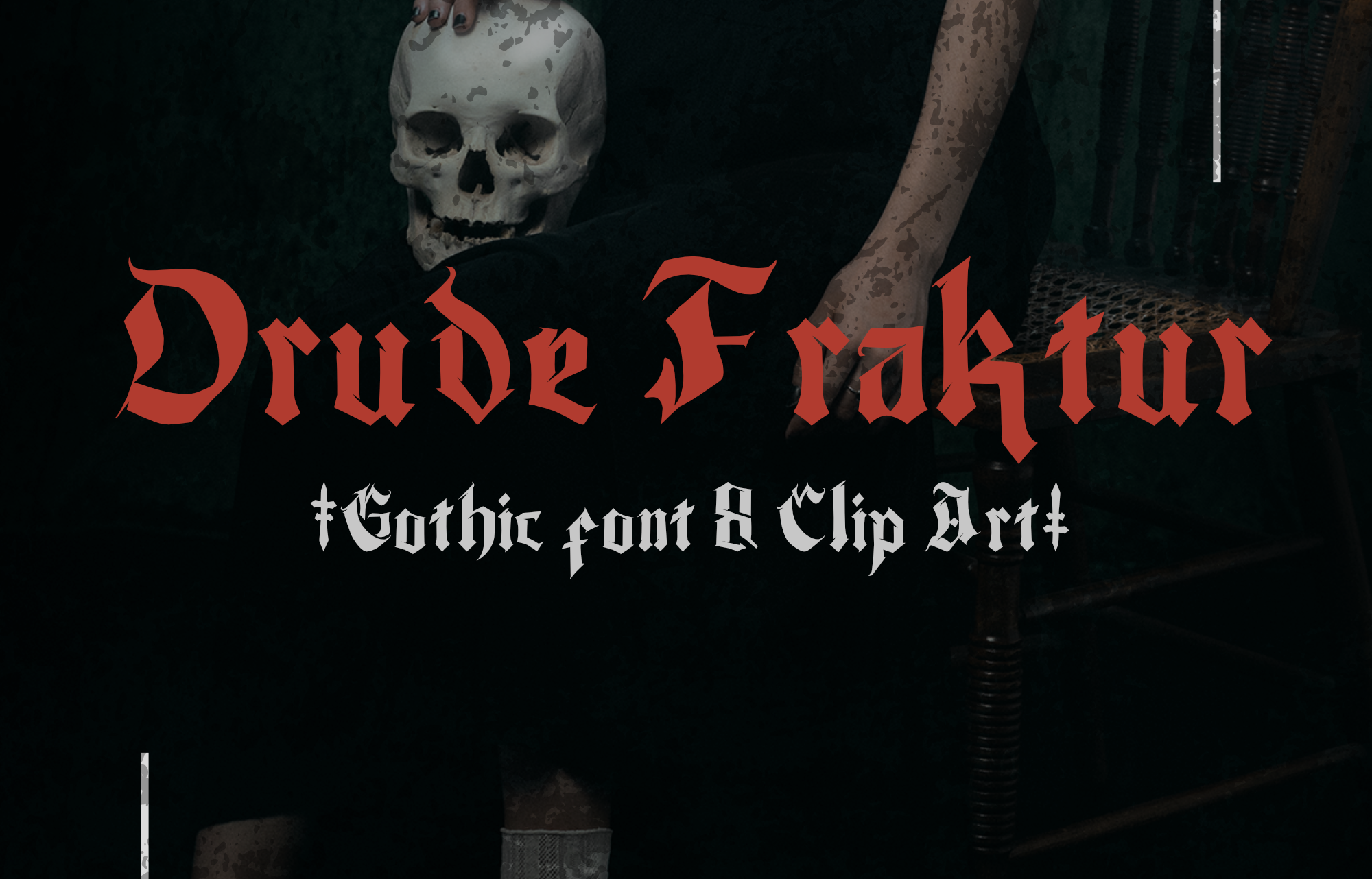 Drude Fraktur preview: classic revival Fraktur with bundled Gothic clip art elements
