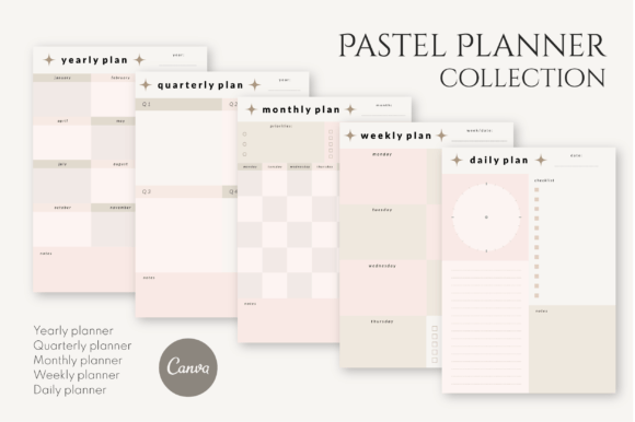 Pastel Canva planner template set with yearly through daily layouts