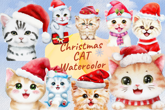 Watercolor Cat Kitten Christmas Clipart - photo 1