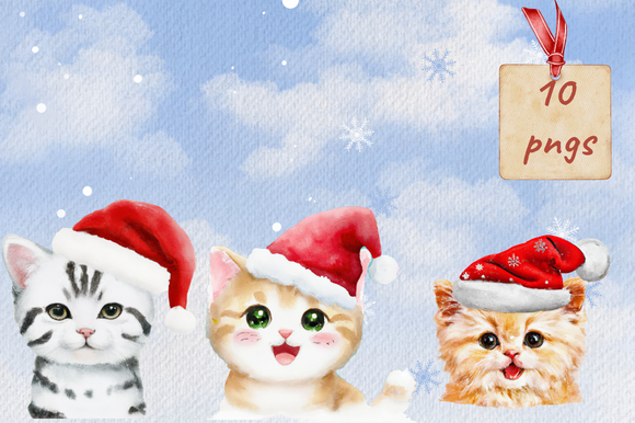 Watercolor Cat Kitten Christmas Clipart - photo 2