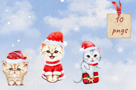 Watercolor Cat Kitten Christmas Clipart - photo 3