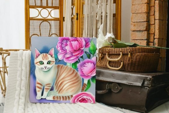Watercolor Cat with Peonies Illustration