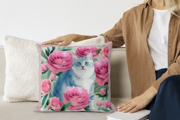 Watercolor Cat with Peonies Illustration