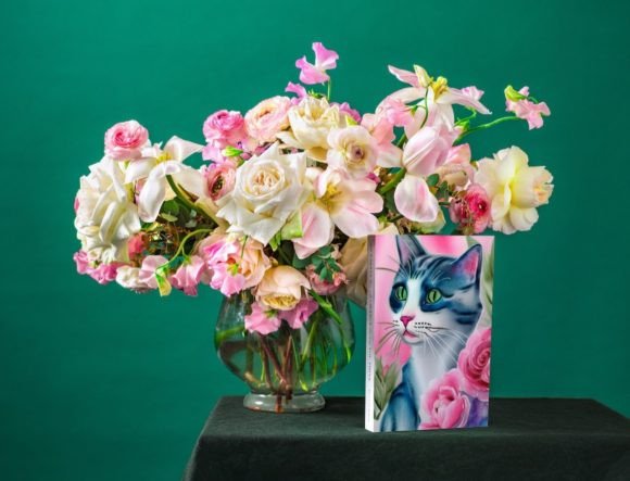 Watercolor Cat with Peonies Illustration