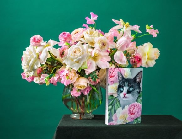Watercolor Cat with Peonies Illustration