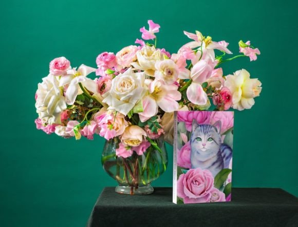 Watercolor Cat with Peonies Illustration