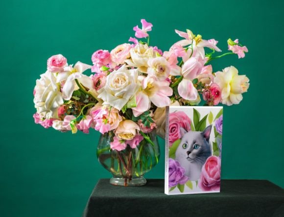 Watercolor Cat with Peonies Illustration