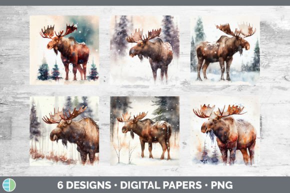 Winter Moose Backgrounds | Digital Scrap Graphic Illustrations By Enliven Designs