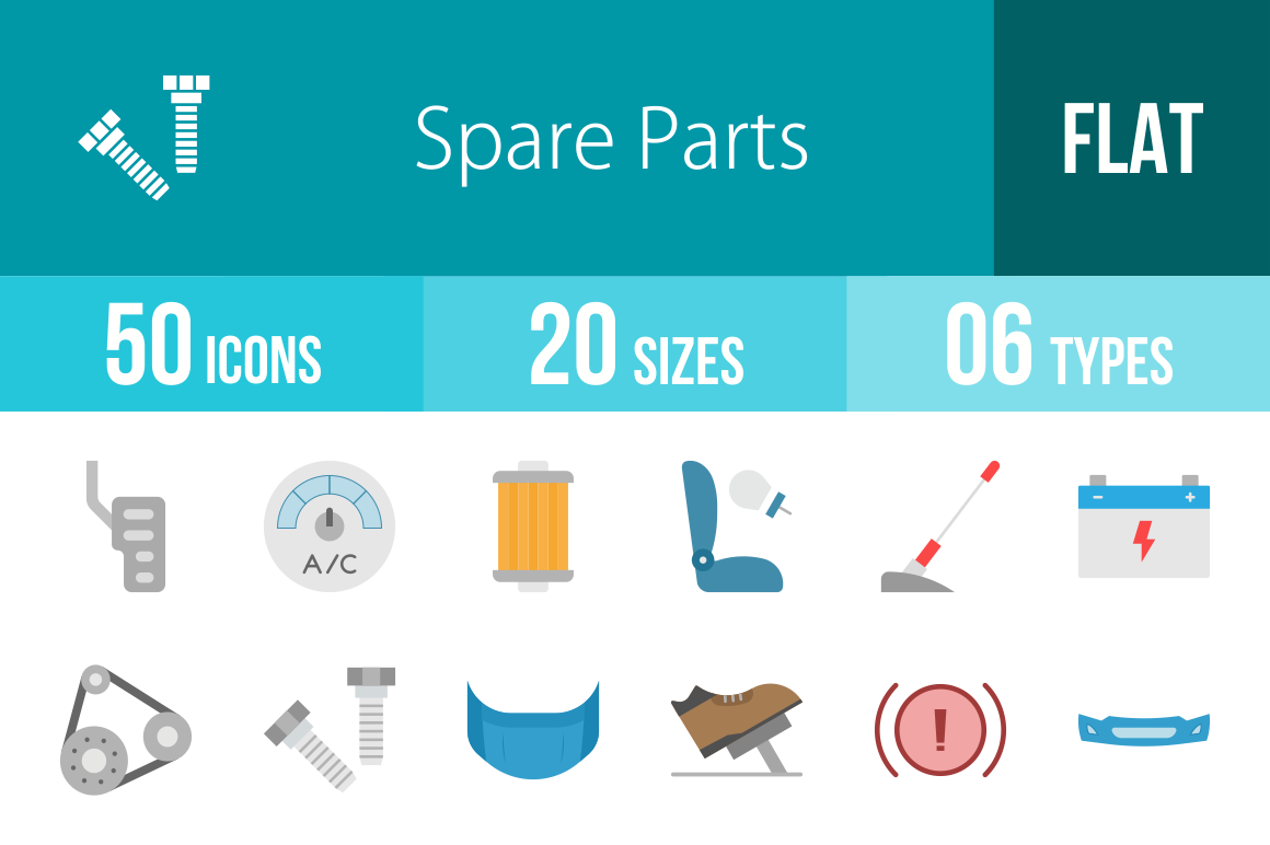 50 Spare Parts Flat Multicolor Icons Graphic by IconBunny · Creative ...