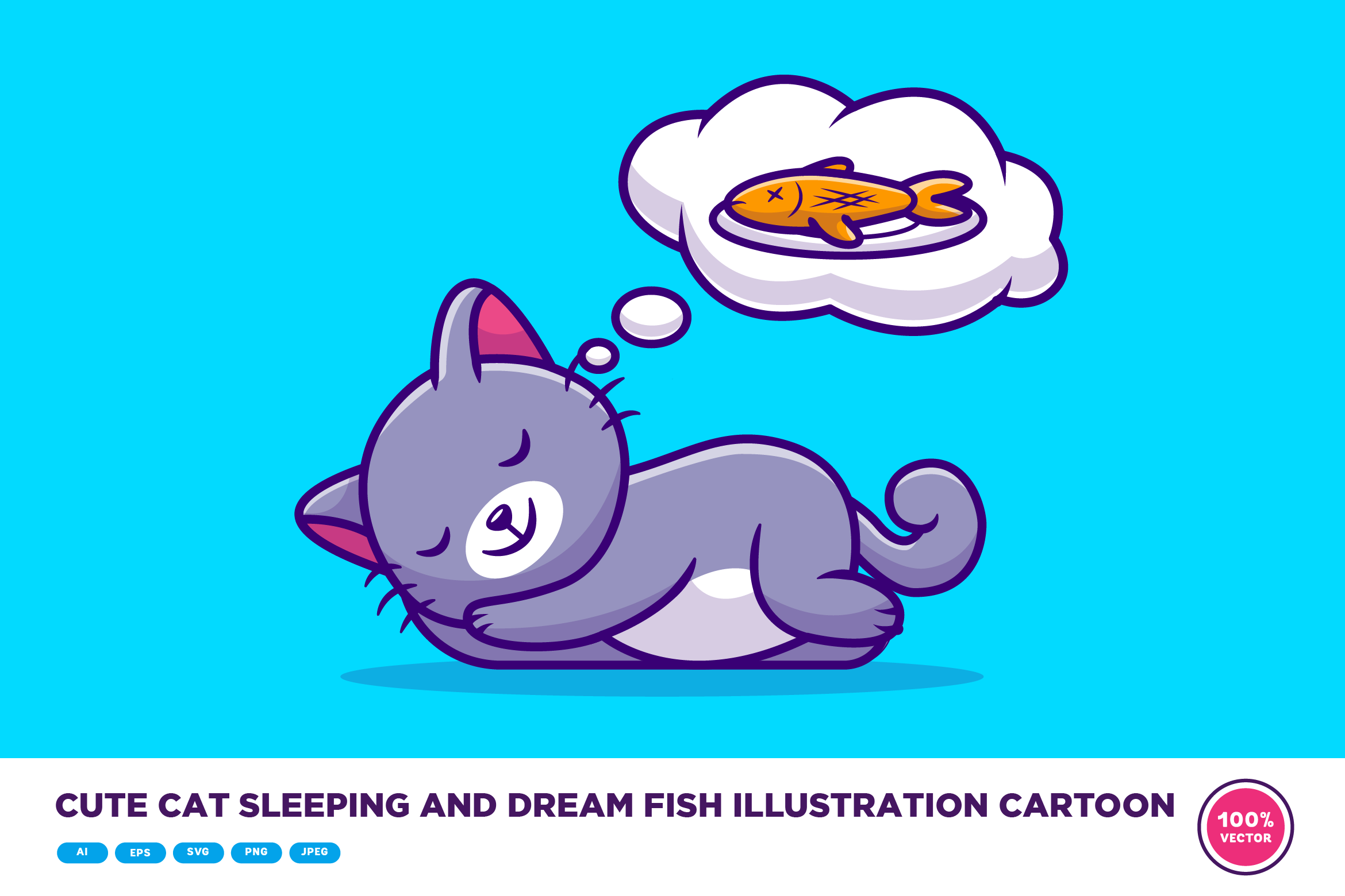 Cute Cat Sleeping and Dream Fish Cartoon Graphic by catalyststuff ...